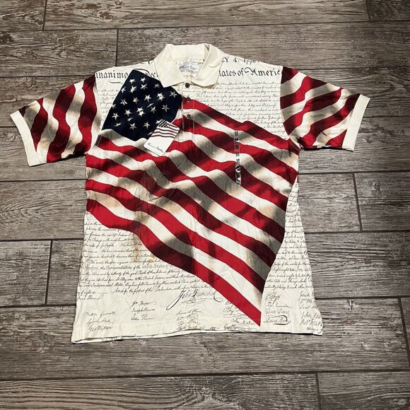 American Summer Medium USA AMERICA Flag Declaration Independence Polo Shirt NWT - Picture 1 of 8